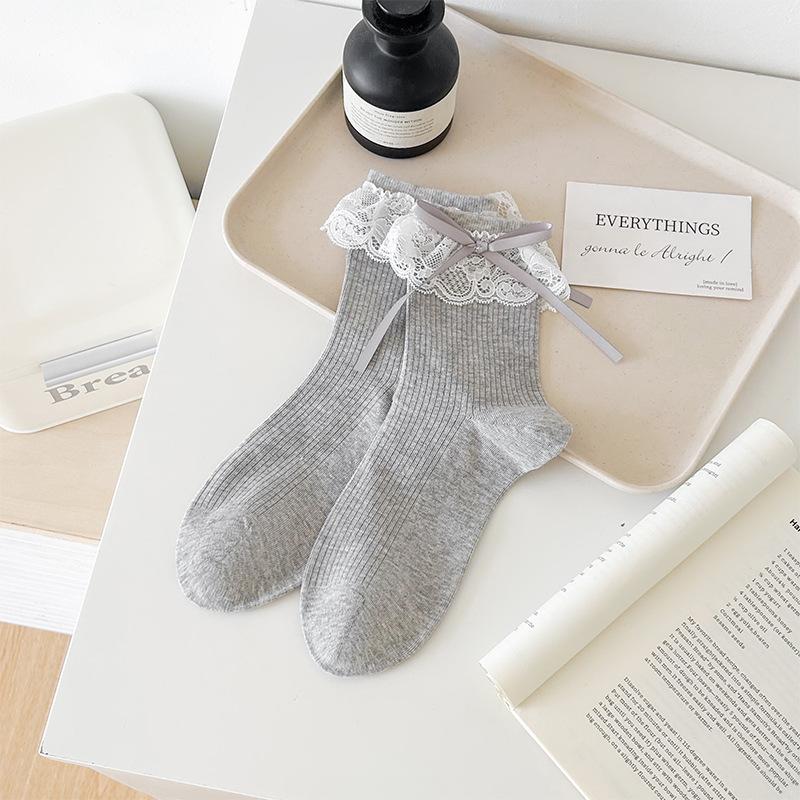 Chaussettes style ballerine pour filles, Douce frange en dentelle, Chaussettes mi-mollet à nœud pour filles, Couleur unie, Polyvalentes, Chaussettes longues sans couture
