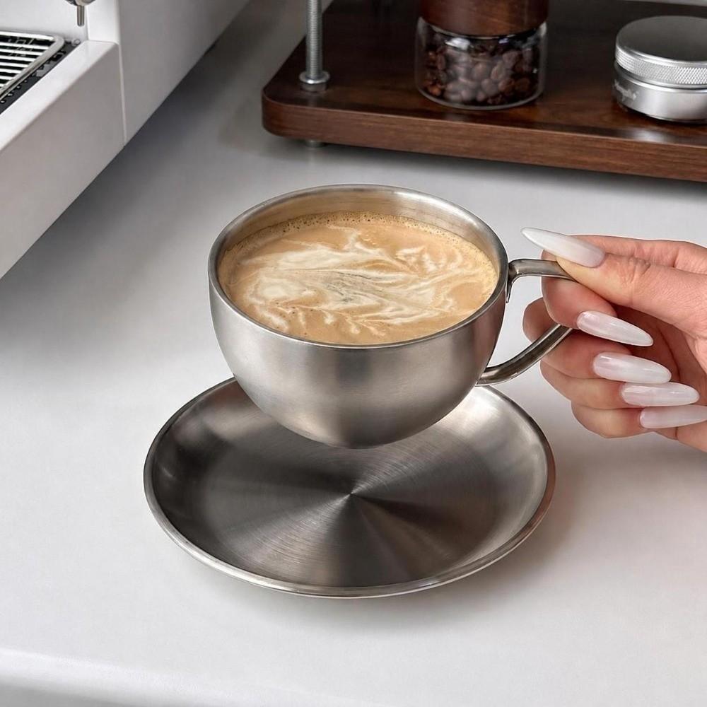 Double Walled Coffee Cup Set Stainless Steel Cup Saucer Set Exquisite Tea Mug Household Coffee