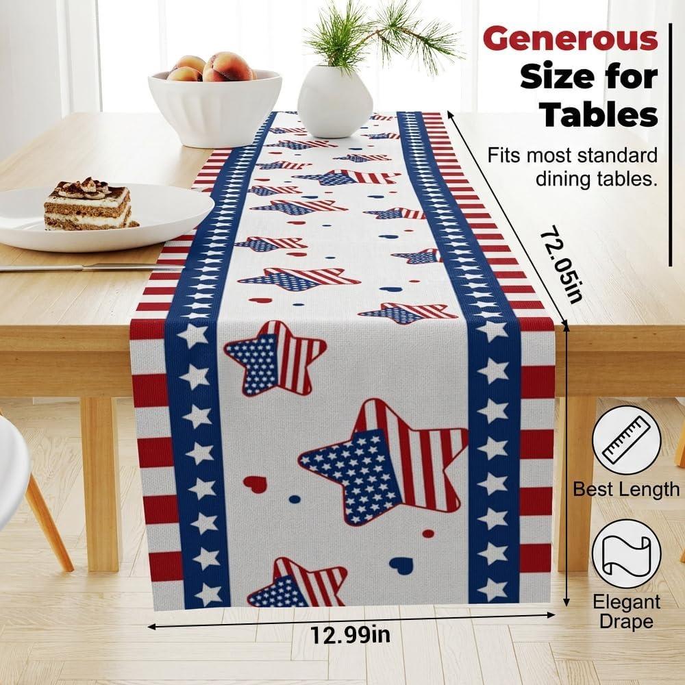 4 juli patriottische tafelvlagdecoratie, 73x13,8 inch linnen met sterrenpatroon, 250e Verjaardag van de VS merchandise, Memorial Day decoratie