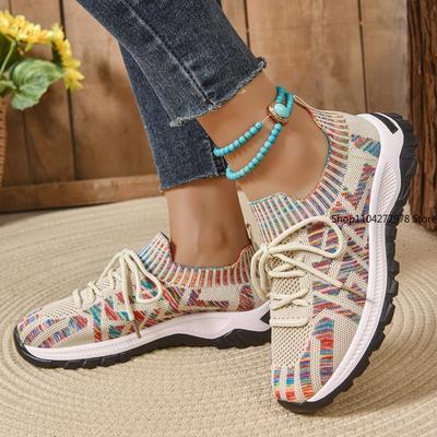 Fashion Ladies Outdoor Knitted 2025 New Women's Vulcanize Shoes Breathable Women Sneakers Mixed Colors Lace Up Casual Shoes Flats