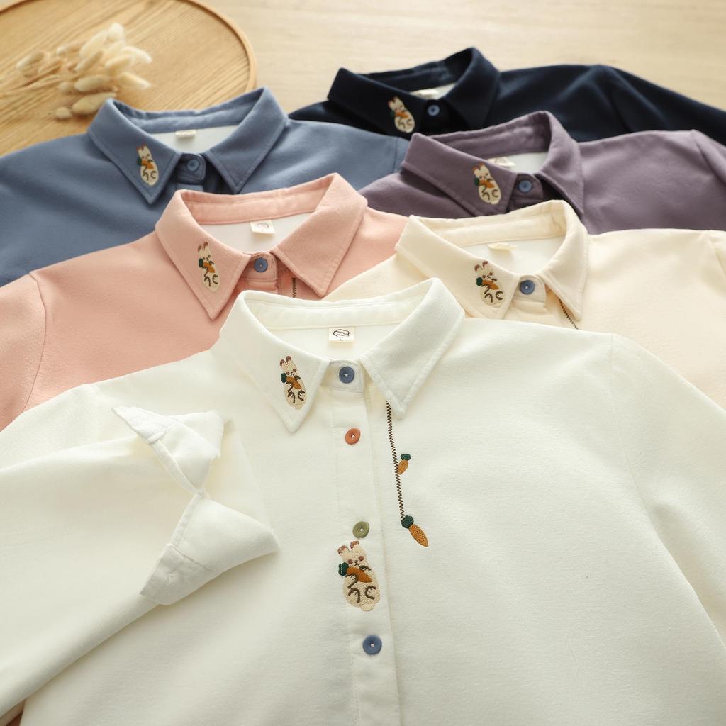 Women's Warm Autumn/Winter Velvet Shirt with Artistic Rabbit & Radish Embroidery