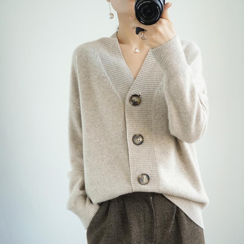 GMXIA Spring and Autumn Knitted Sweater, Loose Large-sized Cardigan, Women's Collar Knitted Sweater, Solid Color Button, Laid-back Coat