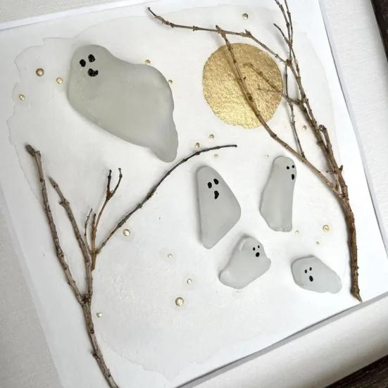 Thrilling Flying Ghost Sea Glass Art Handmade Halloween Mini Ghost Scene Wall Decor Unique Sea Glass Artwork Gift