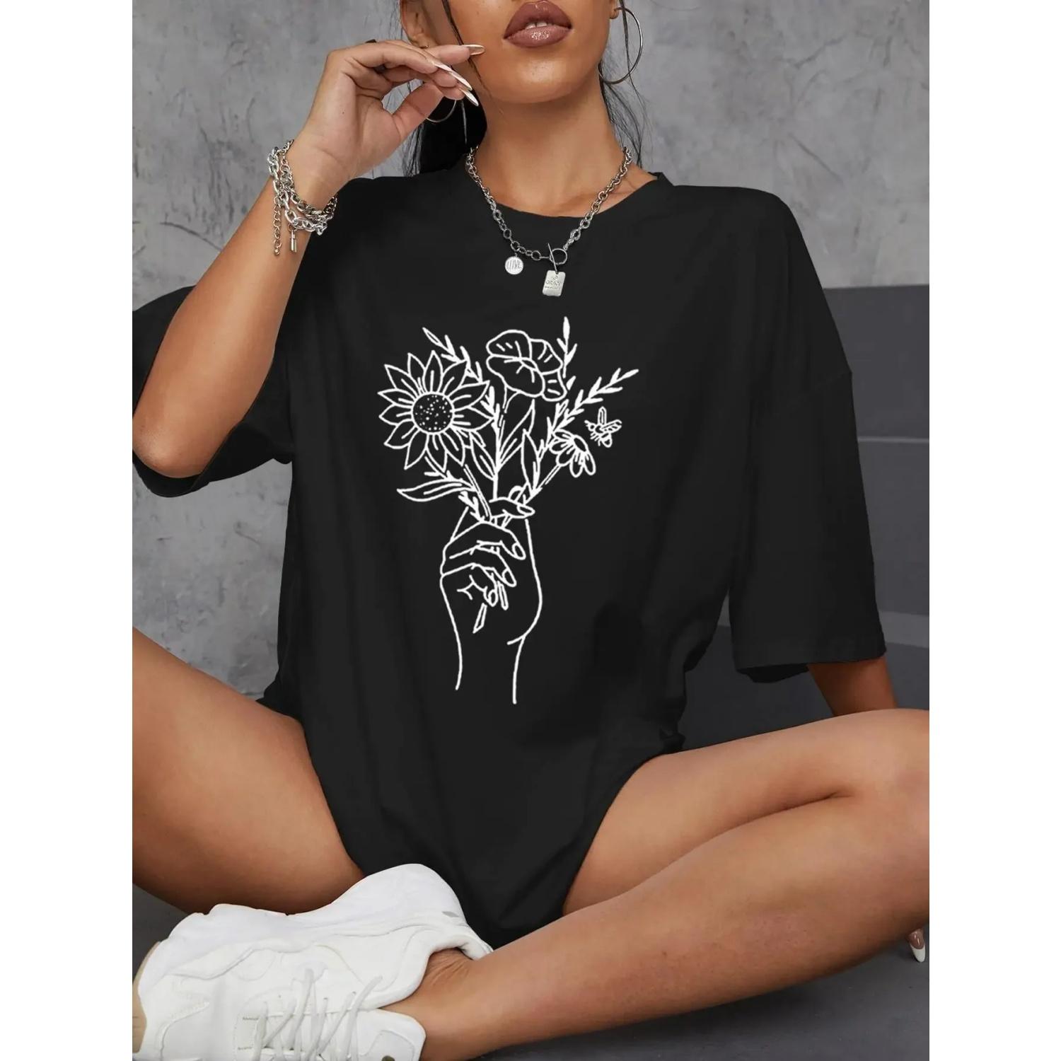 

Cotton Women T-Shirts Fashion Simple Line flower Paintin Tees Casual Soft Short Sleeve Tops Loose Comfortable Street Clothes S чёрный