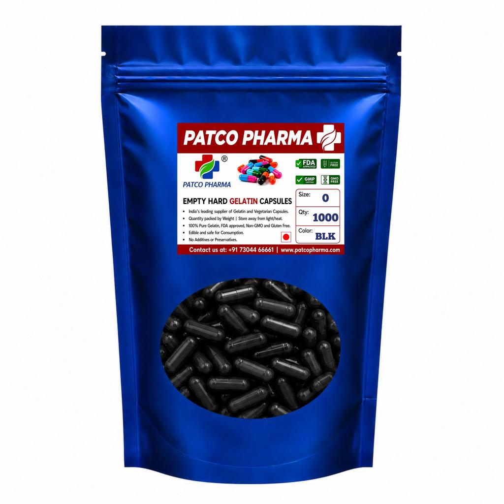 PATCO PHARMA RAW MATERIALS & EQUIPMENTS -Size 0 Black Empty Gelatin Pill Capsule-Gluten Free|Diy Powder Filling(Pack Of 1000)