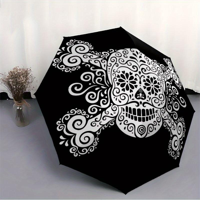 1pc Skull DayOfTheDead Automatic Open/close, Heavy-Duty Iron Frame & 8-Rib Structure, Compact Folding Umbrella for Women/Men, All-Season Travel, Hallo