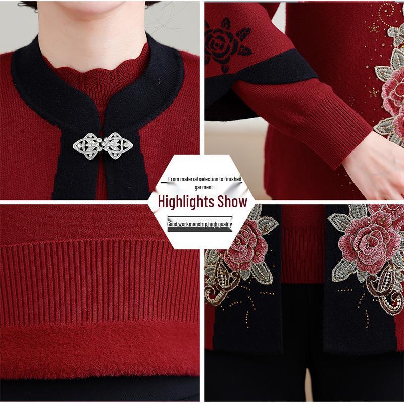 Mom's Plush Thickened Knit Cardigan Two-Piece Set for Autumn and Winter - Middle-Aged and Elderly Women's Stylish Chinese Outerwear