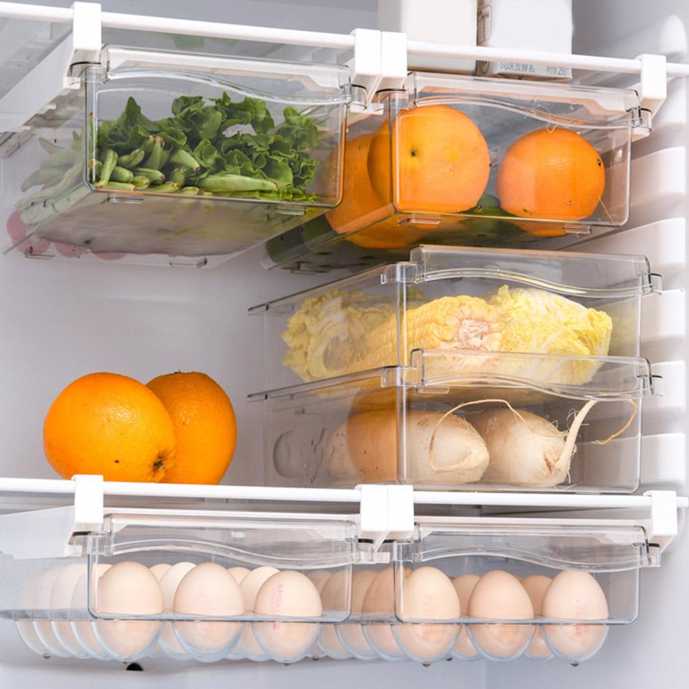 Plastic Clear Fridge Organizer Slide Under Shelf Drawer Box Rack Holder Refrigerator Drawer Kitchen Fruit Food Storage Box
