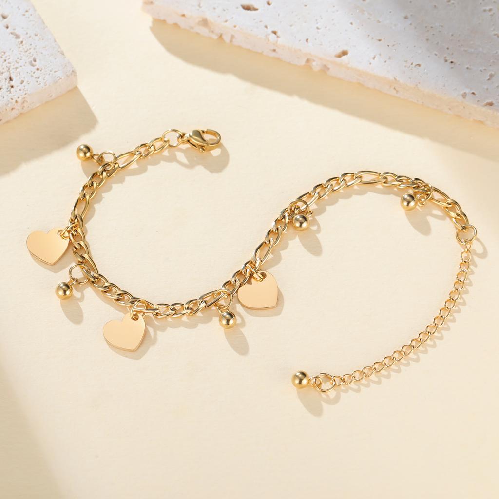 Teamer Stainless Steel Round Bead Heart Charm Bracelets 18k Gold Plated Holiday Jewelry For Women Daily Wear Party Jewelry Gift