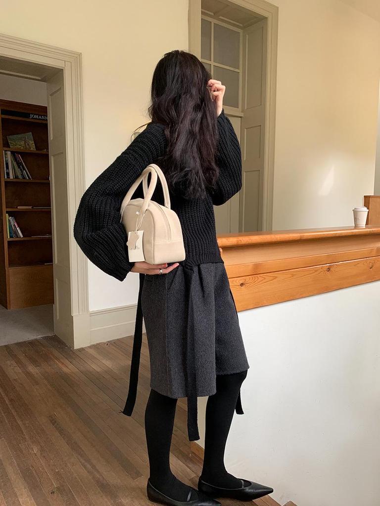 French Lazy Style High Neck Sweater: Tie-Up Knit Top for Women with Loose Long Sleeves