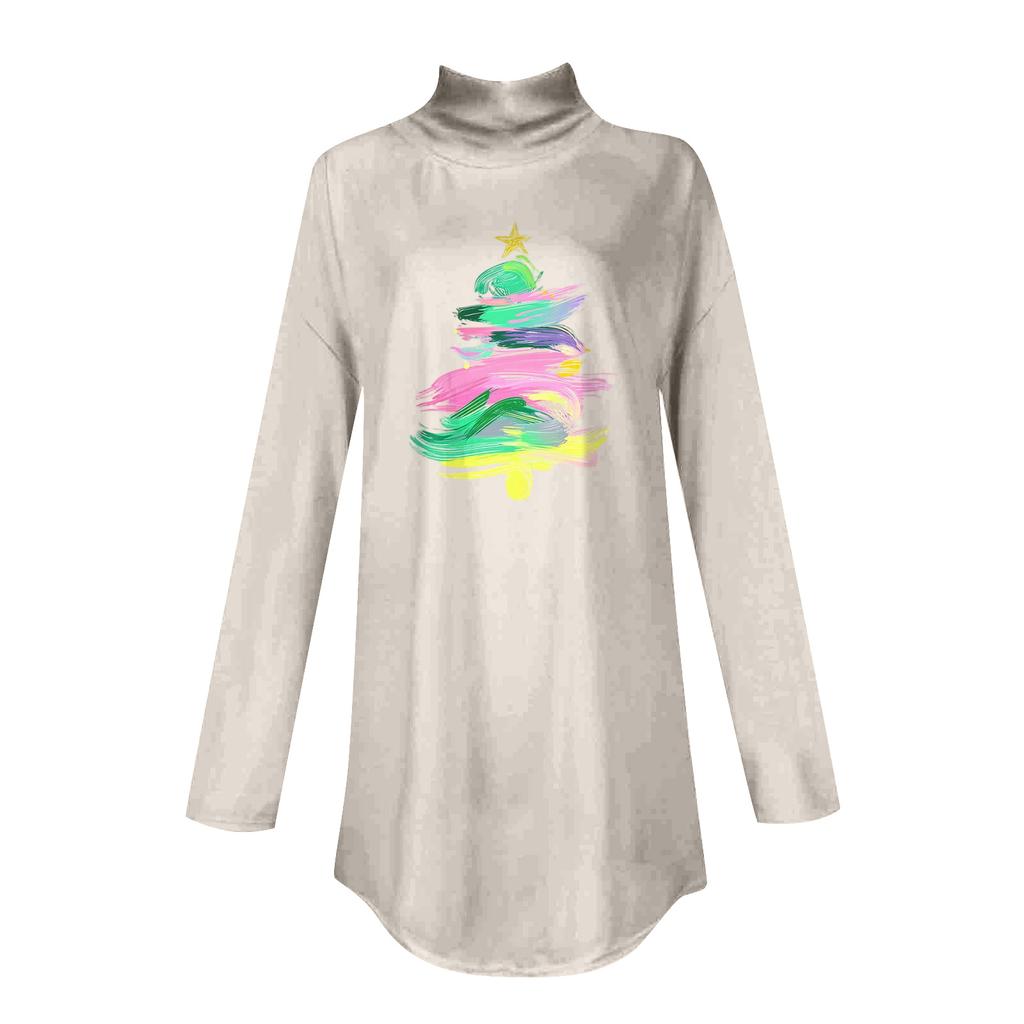 Women's Fashionable Loose-Fit High-Neck T-Shirt With Christmas Print Long-Sleeved Top