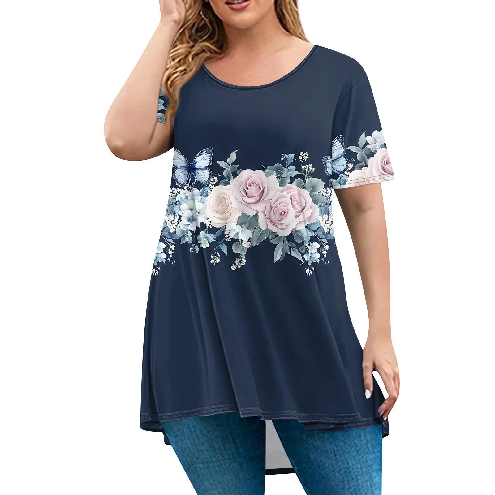 

Женская мода большого размера с круглым вырезом и коротким рукавом, повседневный свободный пуловер с принтом XXXXXL тёмно-синий