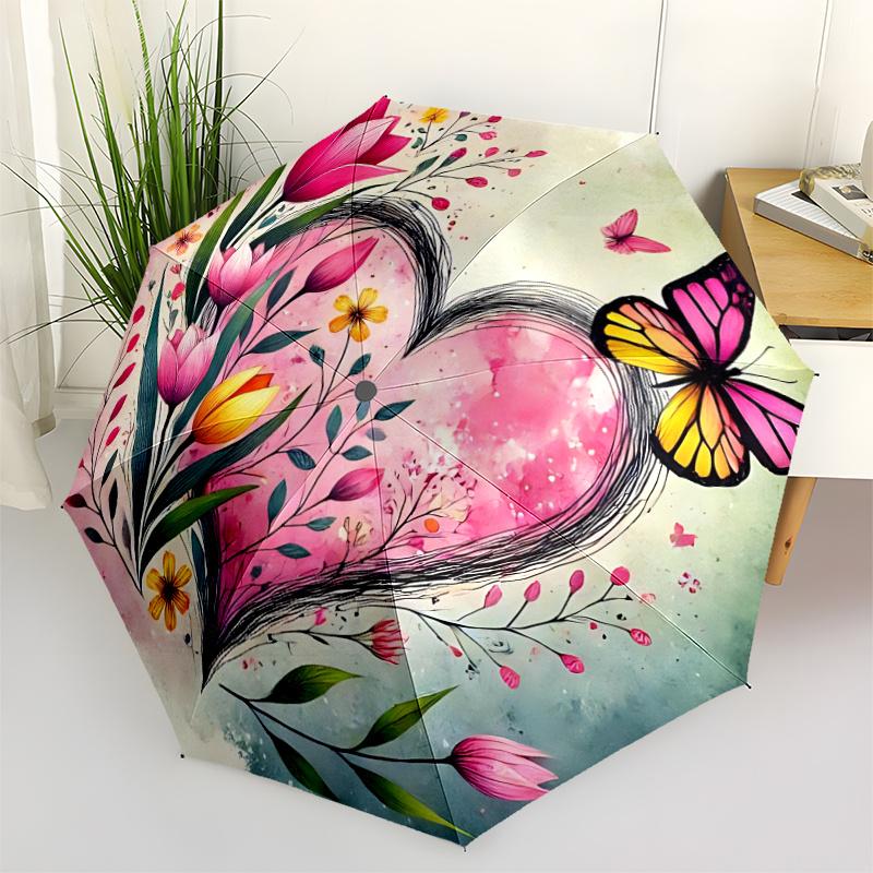 1pc Floral Heart Butterflies Automatic Open/close Umbrella, 8-Rib sturdy structure, Auto Folding/Opening, Portable Travel Umbrella for Women, c29