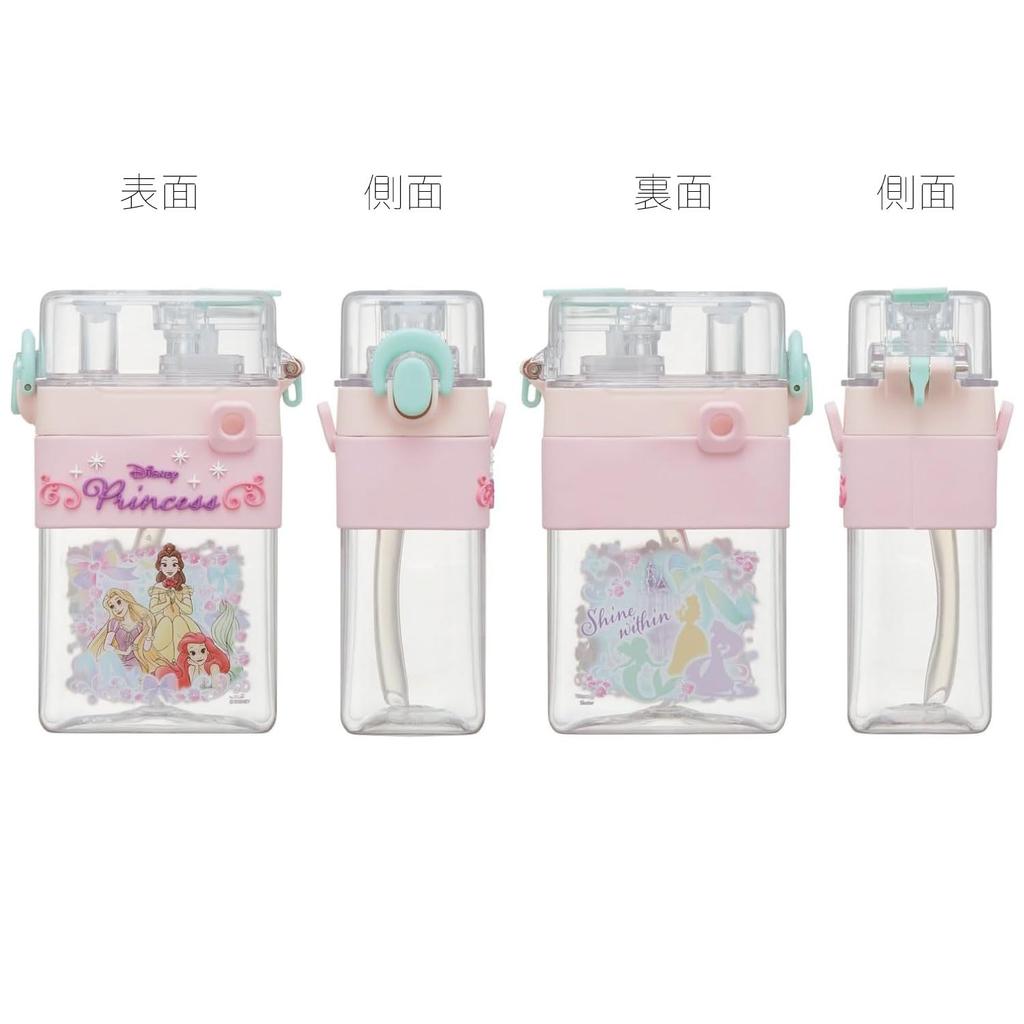 Skater Square 2-Way Water Bottle, 600ml, Straw, Direct Drinking, Cover, Shoulder Strap Included, Disney Princess, Girls, PSQW6-A
