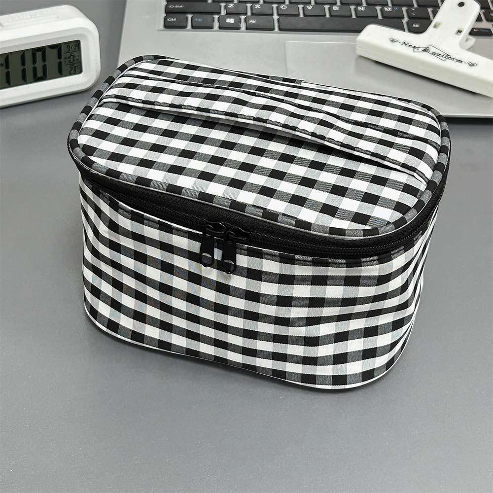 Multifunctional Plaid/Polka Dot Patterns Storage Bag Large Capacity Portable Makeup Bag Double Zipper Pencil Pouch