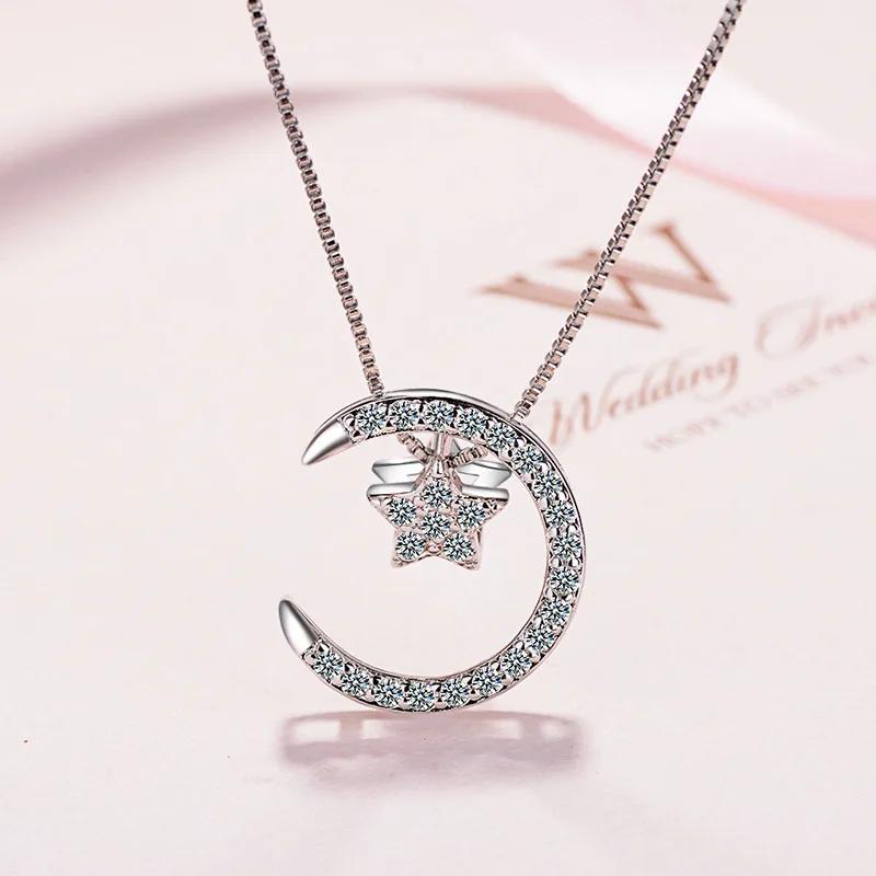 S925 Sterling Silver Diamond Star Moon Pendant Clavicle Necklace Wedding Luxury Jewelry