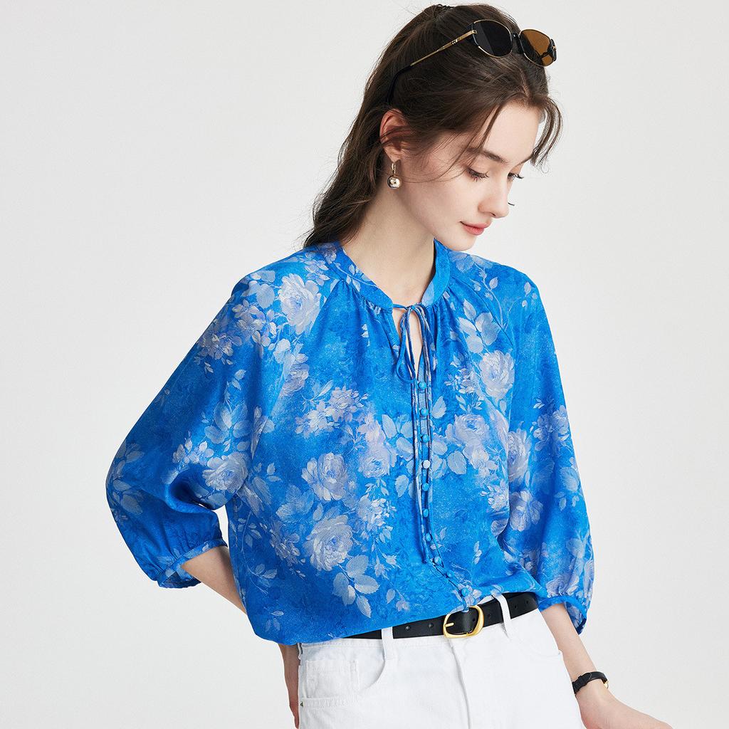 14 MM Double Crepe 100% Mulberry Silk Strap Collar Vintage Printed Silk Shirt for Women