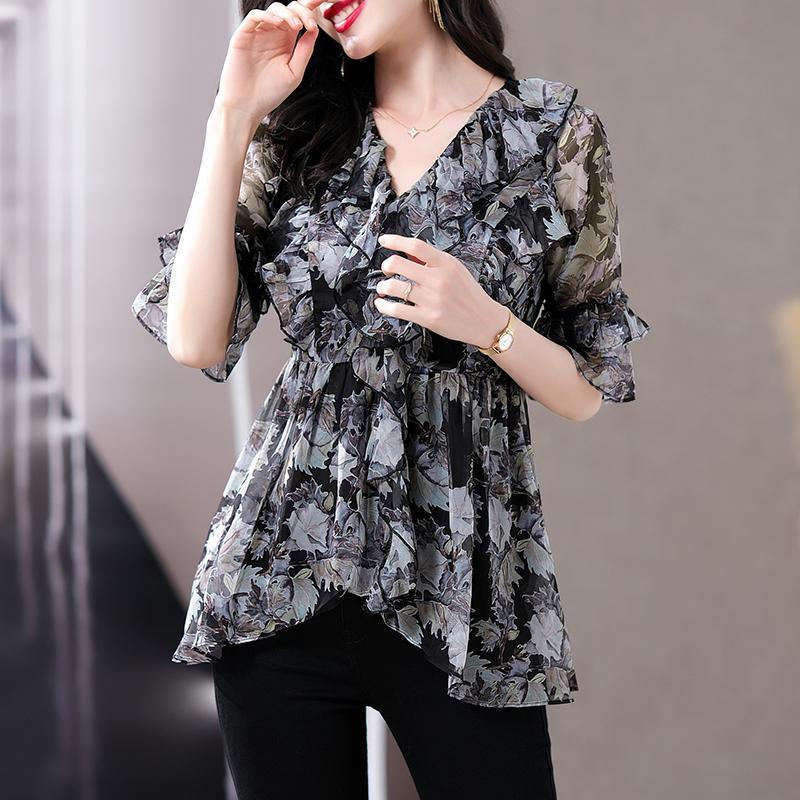 Camicia Nera Larga Stile Francese da Donna, Blusa Oversize in Chiffon Primavera Estate Mamma Top Scollo a V