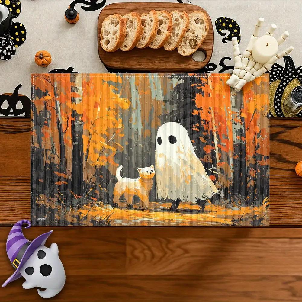 A Set of Four Adorable Halloween Ghosts Featuring Two Black Eyes, These Placemats Are Washable And Perfect for Your Dining Table, Making Them an