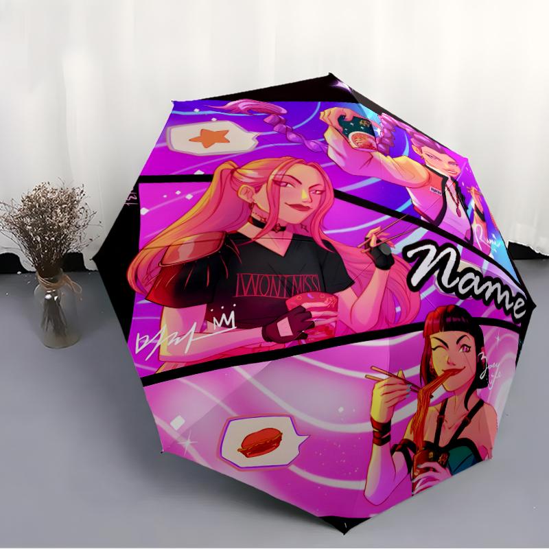 Ombrello Stampato Personalizzato con Nome K-KPop Demon Hunters - Apertura/Chiusura Automatica, Struttura Robusta a Otto Stecche, Ombrello Pieghevole Automatico