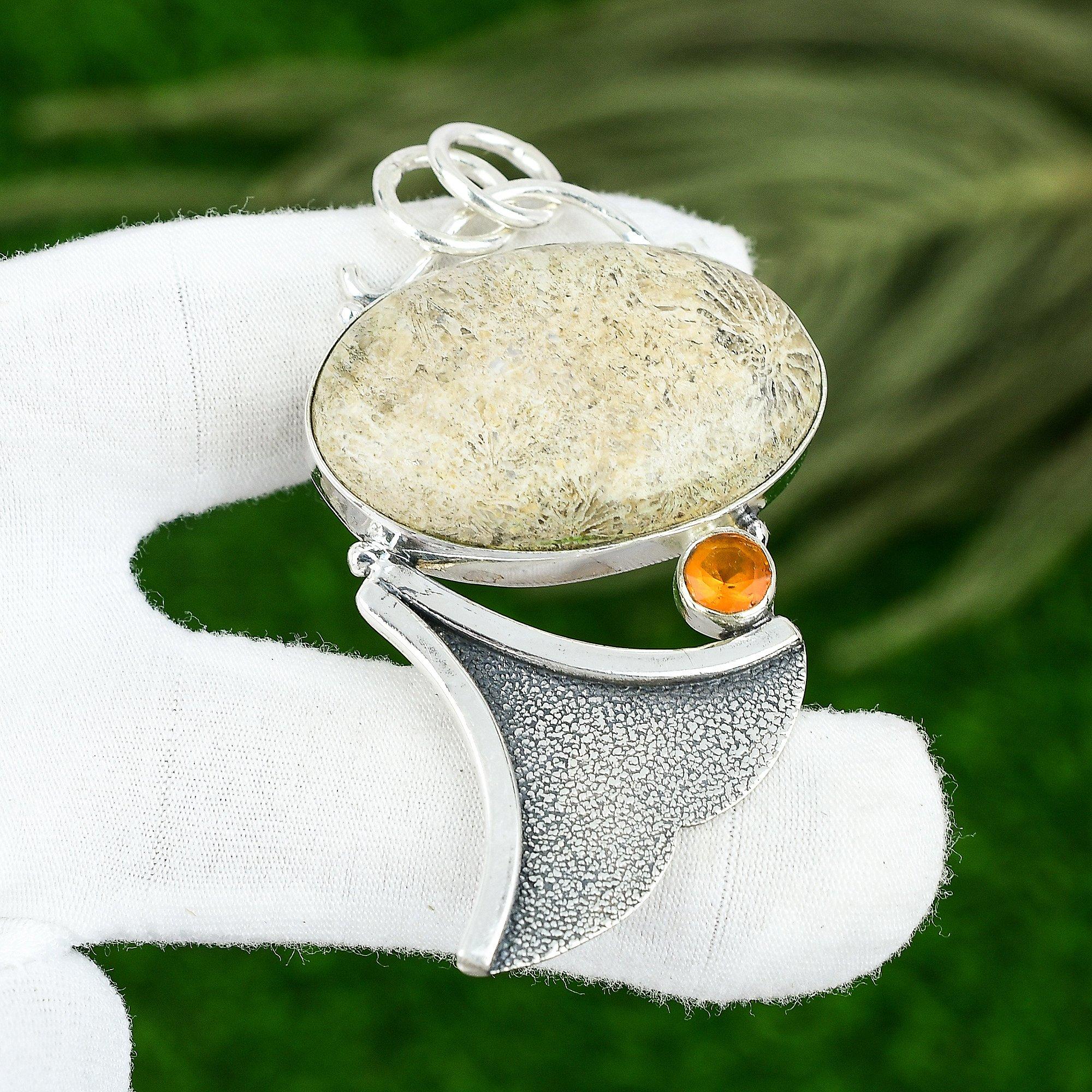 

Sterling Silver Fossil Coral Gemstone Honey Topaz Wife Ethnic Pendant Jewelry