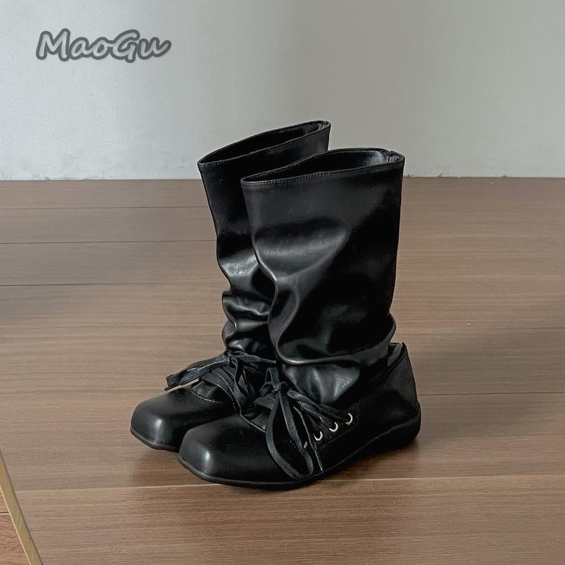 

Brown Retro Western Short Boots Women s Versatile Square Toe Pleated Mid-Calf Boots Pu Leather Casual Slip on Botas for Women 39 чорний