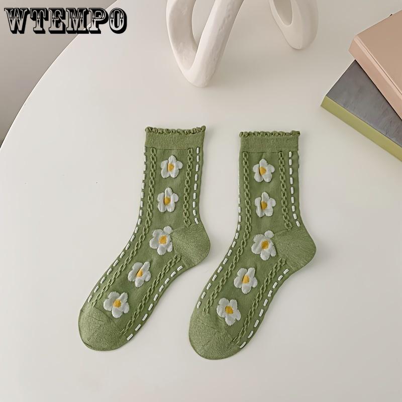 5pcs Women's Mid-Calf Socks, Vintage Floral Print, Breathable Casual Style, Polyester and Spandex Blend, Everyday Fashion Accessory