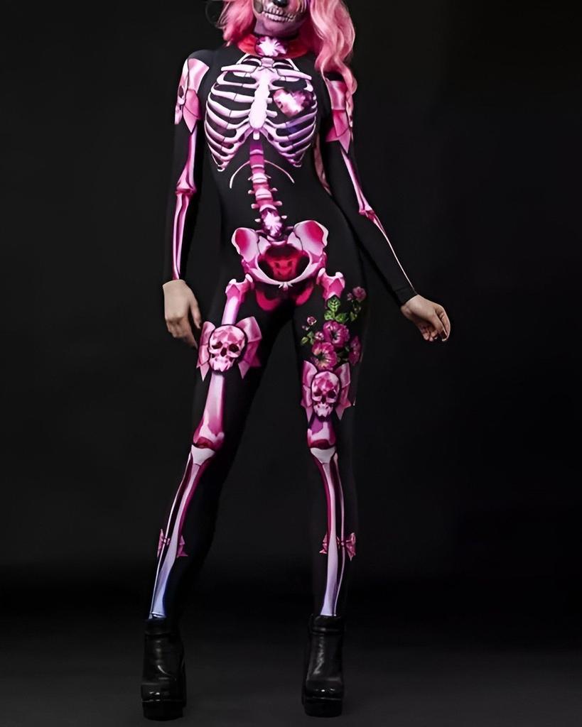 Kids Womens Halloween Costume Skeleton Cosplay Bodysuit Skinny Catsuit Jumpsuit