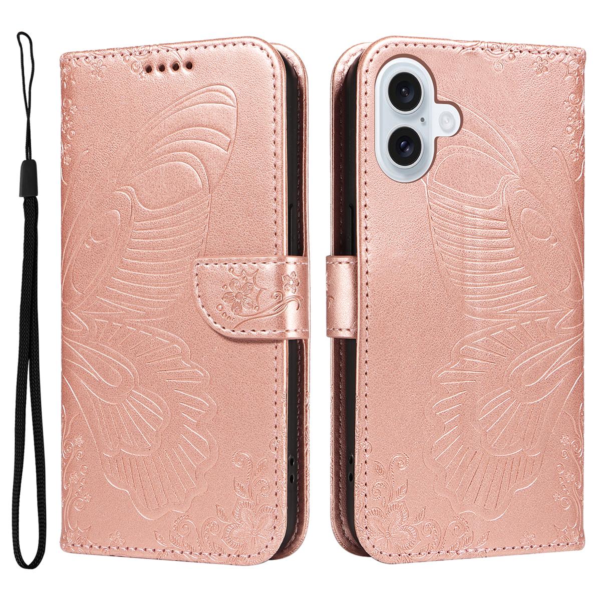 

For iPhone 17 Case Butterfly Pattern PU Leather Folio Flip Phone Cover Rose Gold