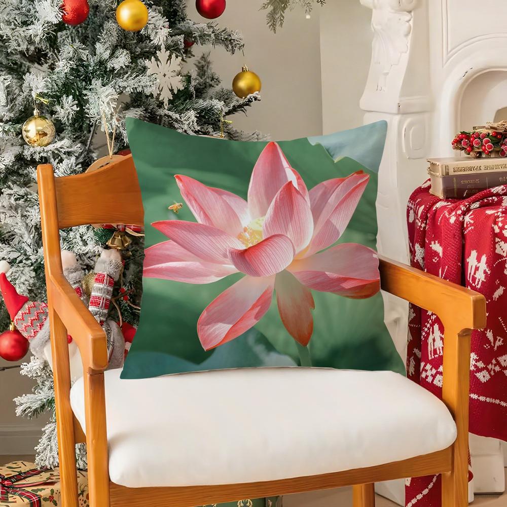 Beautiful Lotus In Summer Pillow Case Silky Short Plush With Invisible Zipper Dustproof Sofa Cushion Cover For Home Decor