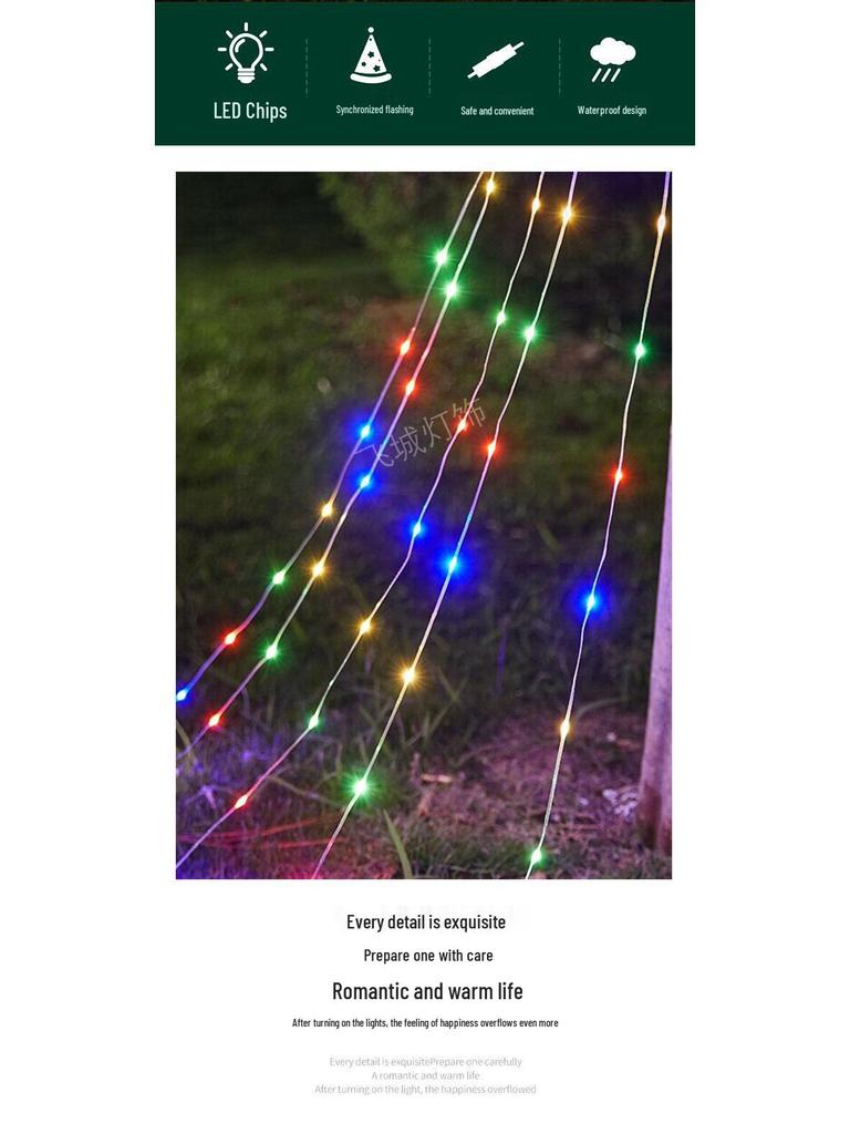 LED Solar Santa Pentagram Waterfall String Lights - Copper Wire Star Fairy Lights for Christmas Tree & Courtyard Decorations
