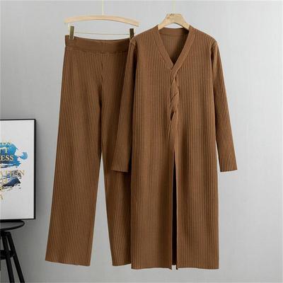 Γυναικείο Φθινοπωρινό Και Ανοιξιάτικο Καθημερινό Κοστούμι Μακρύ Πλεκτό Μπουφάν Ζακέτα Παντελόνι Ευρύ Πόδι Πλεκτό Σετ Δύο Τεμαχίων