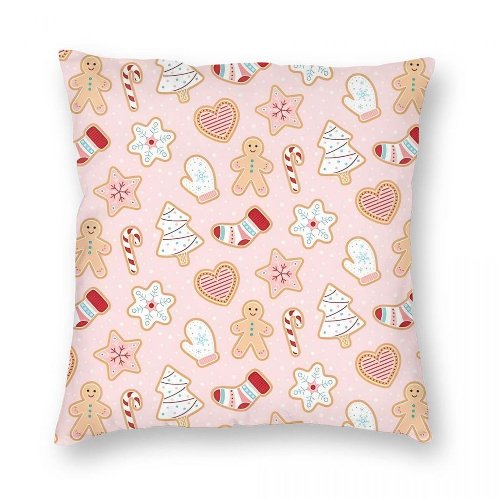 Christmas Gingerbread Pattern Pastel Pink Red Pillowcase Double-sided Printing Cushion Cover Gift Throw Pillow Case Cover Home