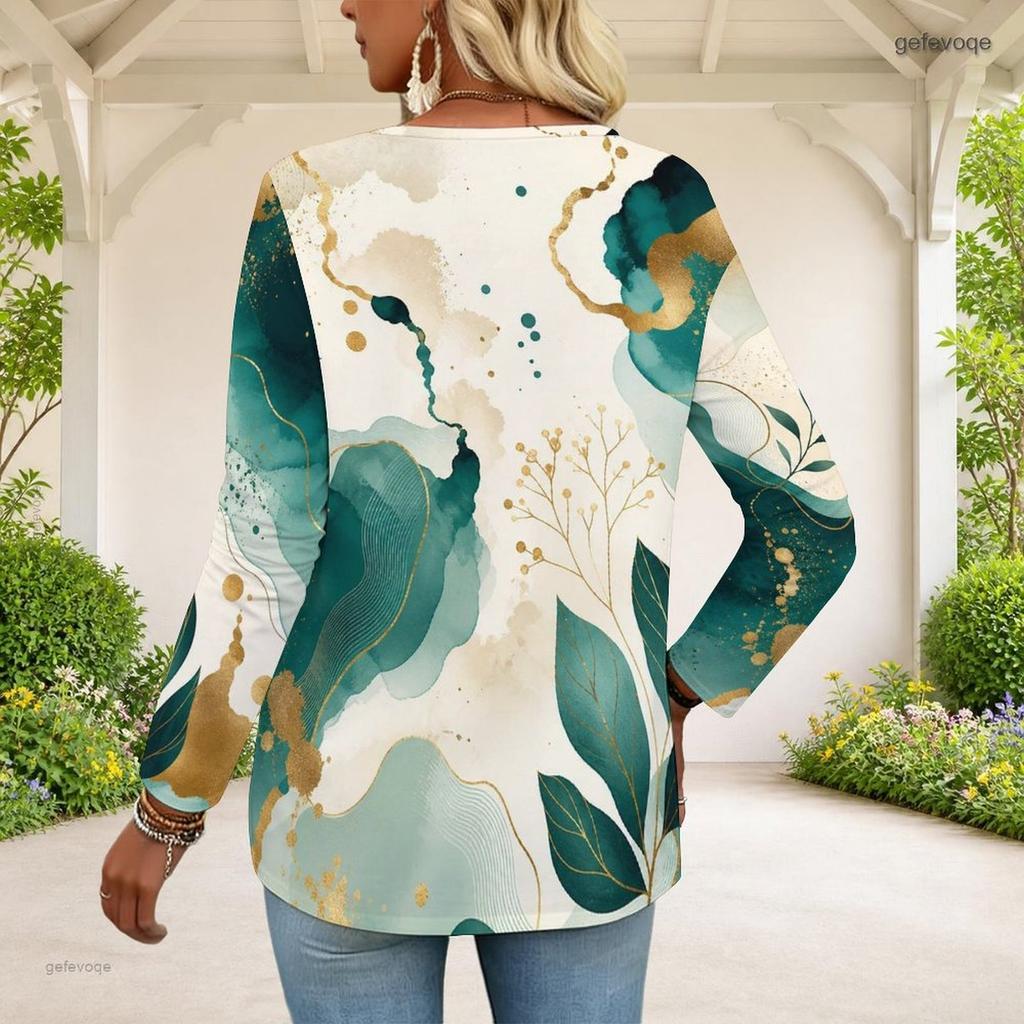 Women Plus Size Half Zipper Round Neck Long Sleeve Green Abstract Printed T Shirt