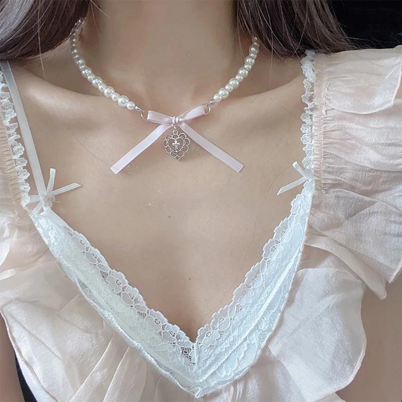Kpop Goth Pink Ribbon Bow Imitation Pearl Beads Choker Necklace Y2K Sweet Cute Heart Pendant Clavicle Chain Girl Lolita Jewelry
