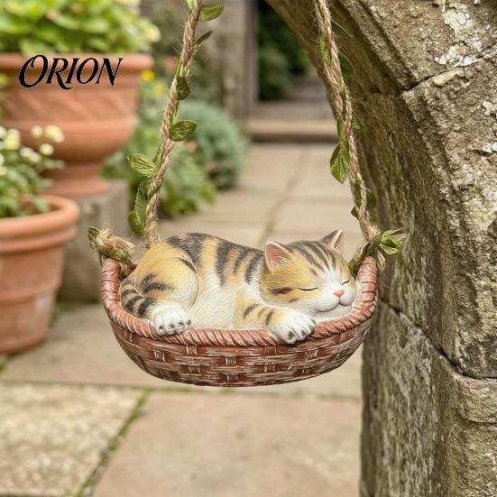 Pastoral Style Gardening Decoration Hanging Basket Cat Statue, Cute Sleeping Kitten Figurine, Animal Sculpture for Patio Resin Ornament Outdoor Garden
