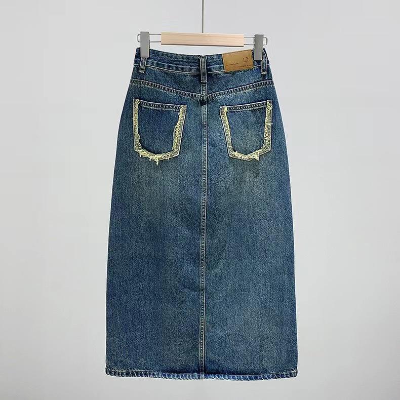 Spring 2024 Women's High Waist Retro Split Denim A-Line Skirt