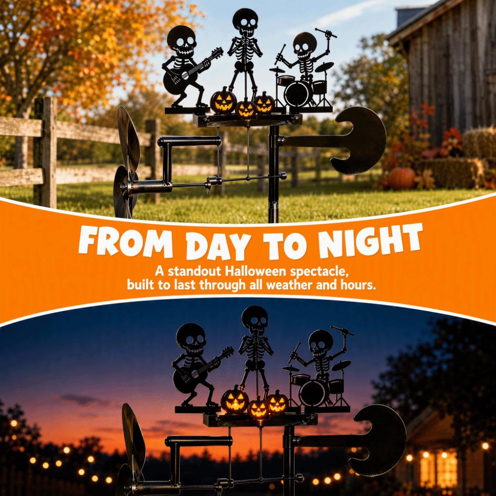 Vinddriven Halloween-skelett Metalltrummis Vind Tung Tålig Musikalisk Skalle Trädgårdsinsats Gård