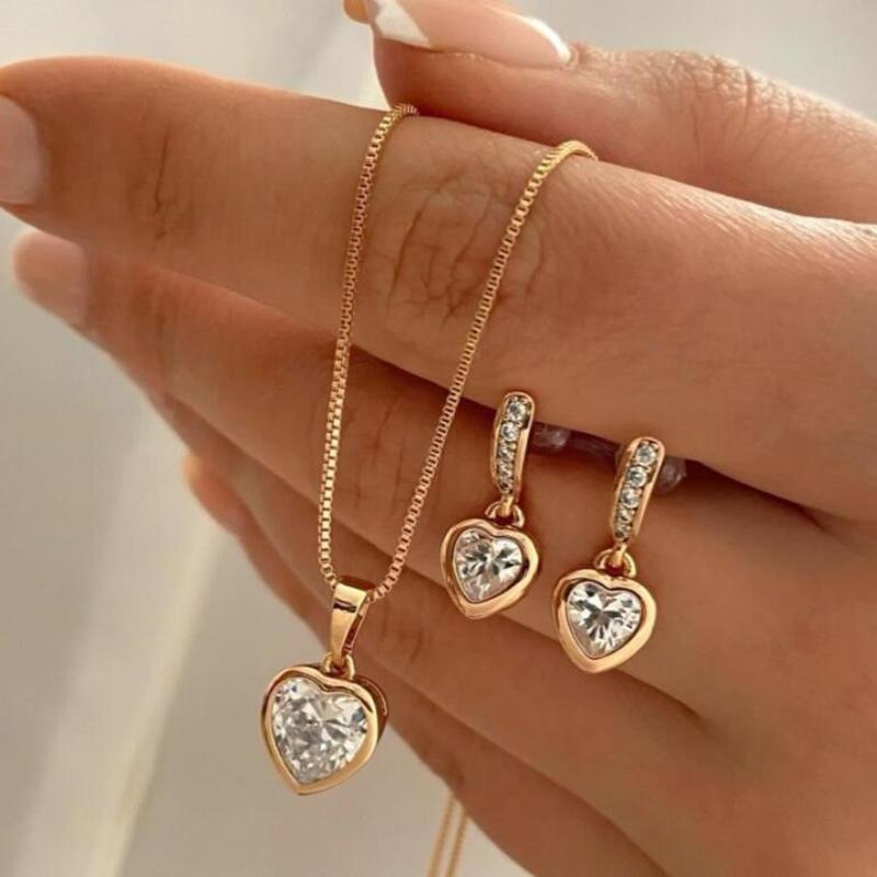 3 Pcs/Set Round Pearl Pendant Necklace For Women Exquisite Fashion Rhinestone Double  Earring Wedding Jewelry Set Gift