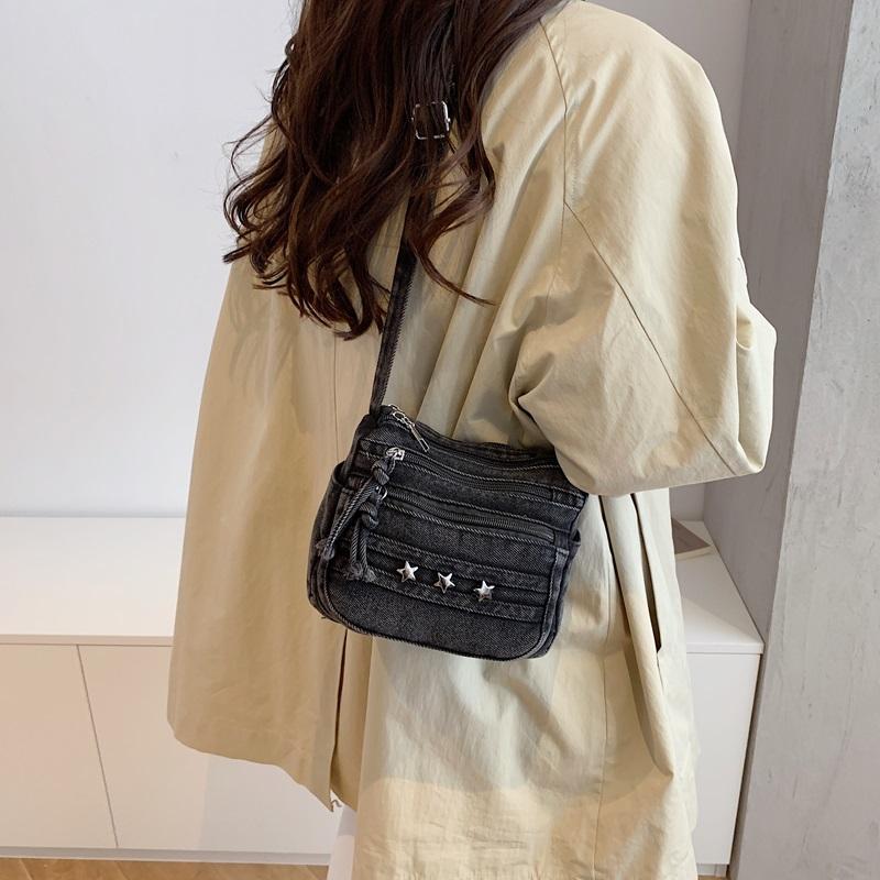 Womens Denim Crossbody Bag Casual Small Shoulder Purse Multi Zipper Handbag for Daily Use
