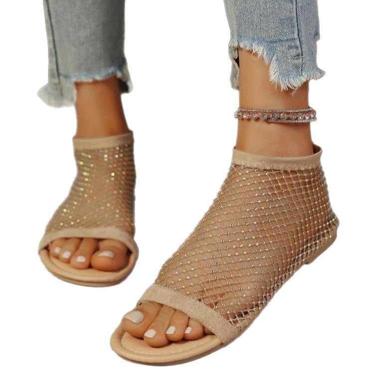 Fishing Net Hollow Hot Diamond Women's Sandals Summer New European and American Large Size Fashion Net Shoes