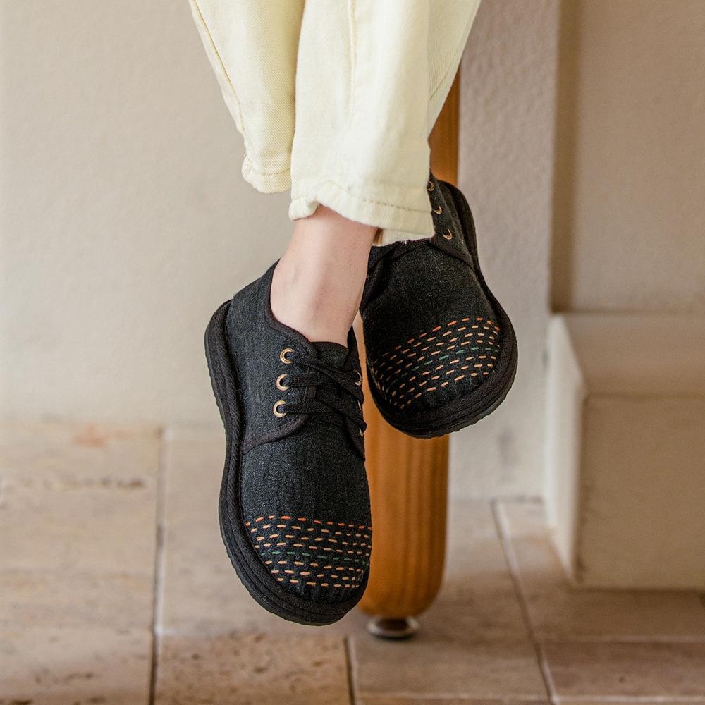 Johnature Handmade Cotton Shoes Retro Round Toe Lace Up Soft Sole Comfortable Women's Flat Shoes