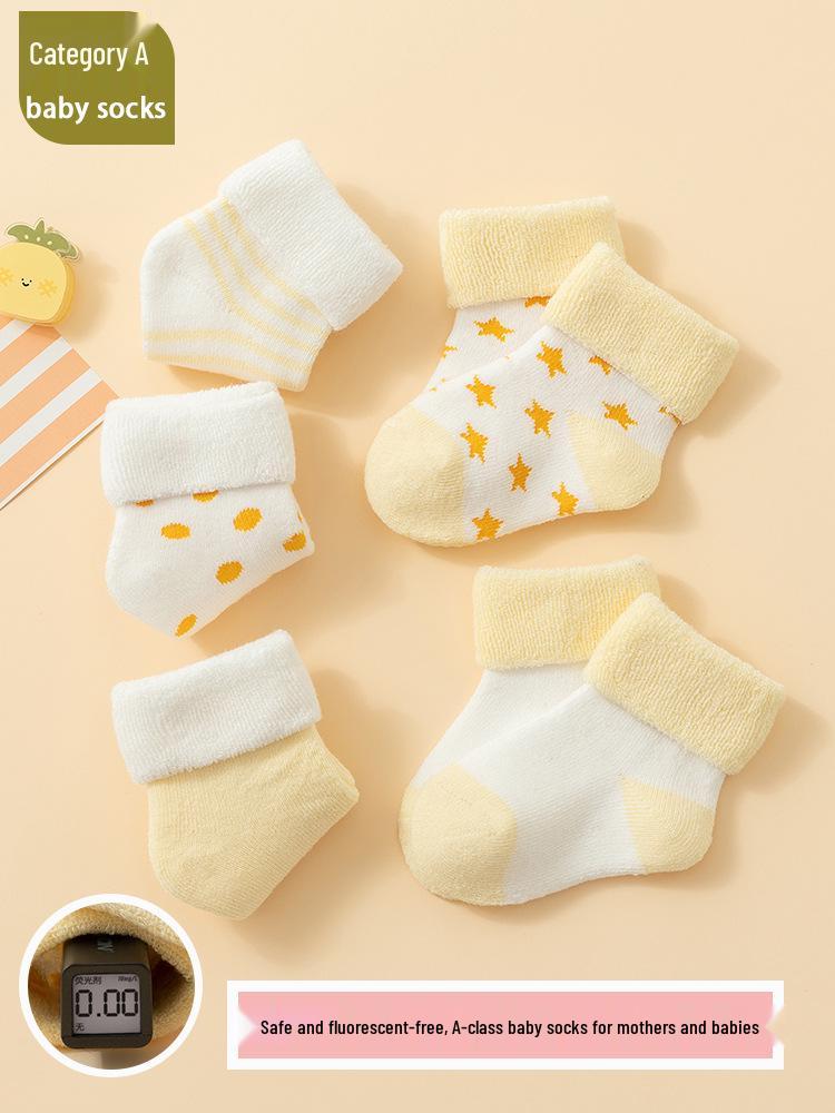 25 Newborn Baby Autumn/Winter Class A Fleece-Lined Cotton Socks - Loose Cuff, Non-Binding Foot Floor Design