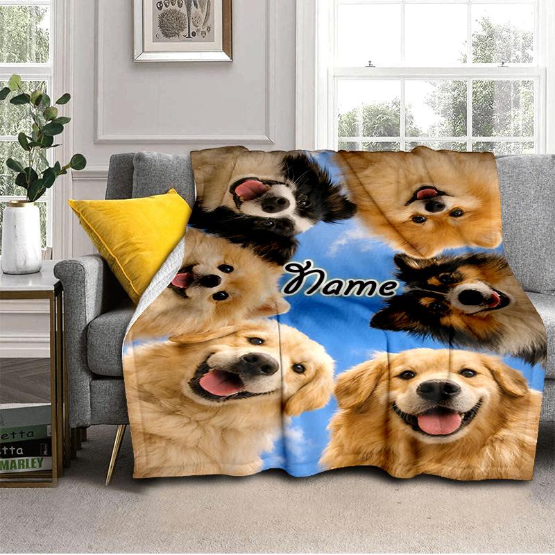 1PC Custom Name Dogs Circle Sky flannel blanket versatile,all-season throw suitable for the living room,bedroom,camping,travel,and gift