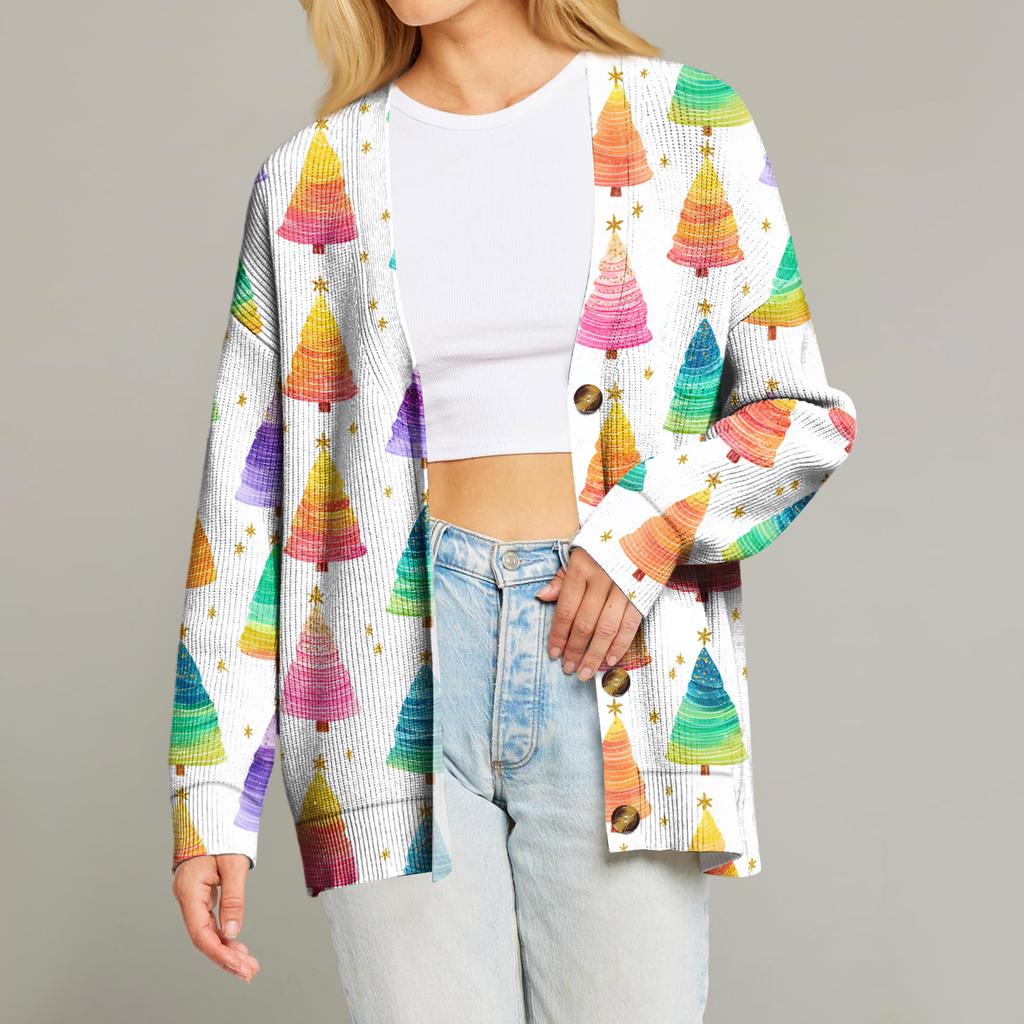Women's Fashion Long Sleeve Print V-Neck Button Loose Cardigan Top