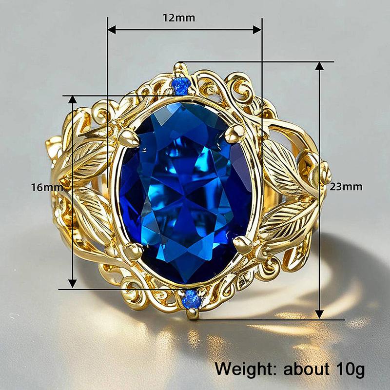 Huitan Luxury Gold Color Women Ring Inlaid Shining Blue Oval CZ Aesthetic Leaf Design Party Wedding Accessories Charming Jewelry