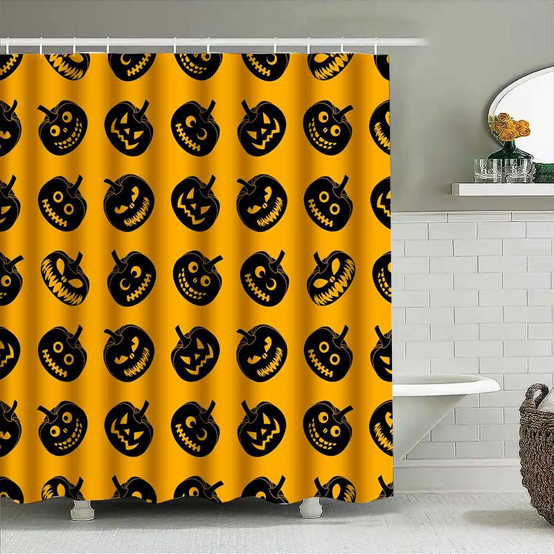 Halloween-Themed Shower Curtains With Pumpkin Patterns Waterproof Bathroom Decor For Kids And Adults Alike! Bright Yellow Backgr