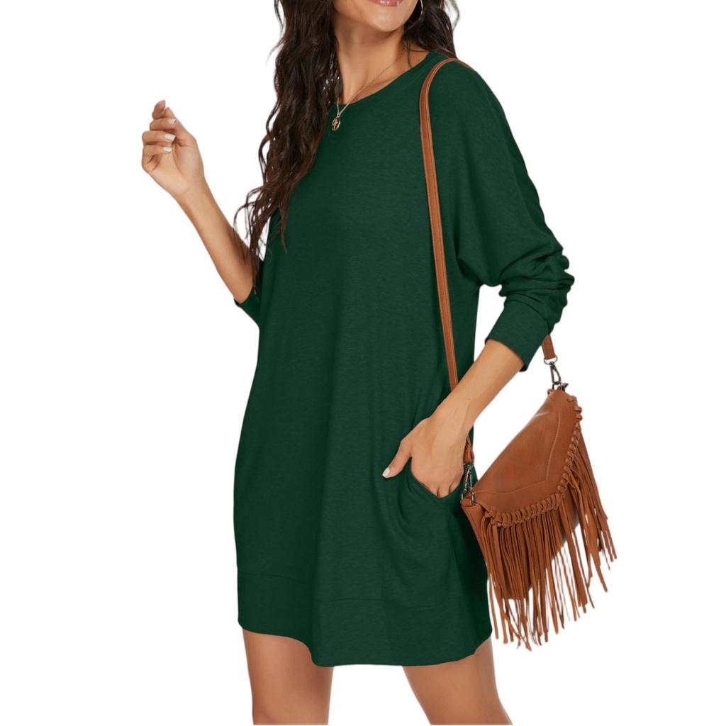 Women's Fashionable Long-sleeved Solid-color Round-neck Pocket Dress
