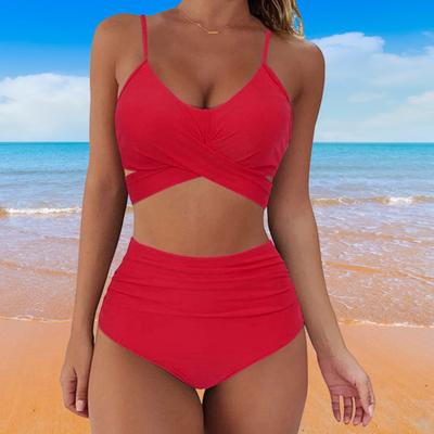 High Waist Solid Color Women Spaghetti Strap Bra Panties Bikini Set Swimsuit Two Piece Set