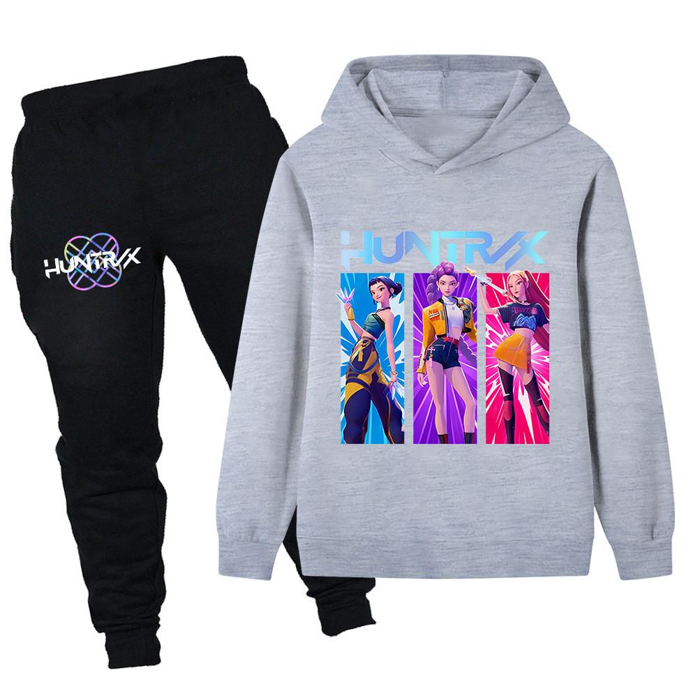 

PB1221 Kids Boys Girls Kpop Mira Zoey Rumi Print Long Sleeves Hoodie Pants Trousers Clothes Sets 170cm сірий